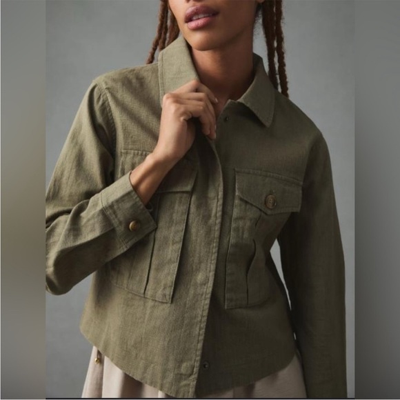 Anthropologie Dolan Utility Jacket Cropped Linen Cropped Moss Green Size L - Picture 5 of 13